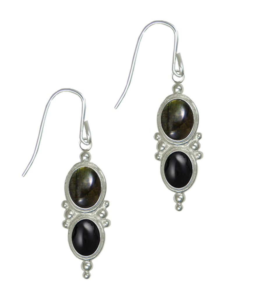 Sterling Silver Drop Dangle Earrings With Spectrolite And Black Onyx